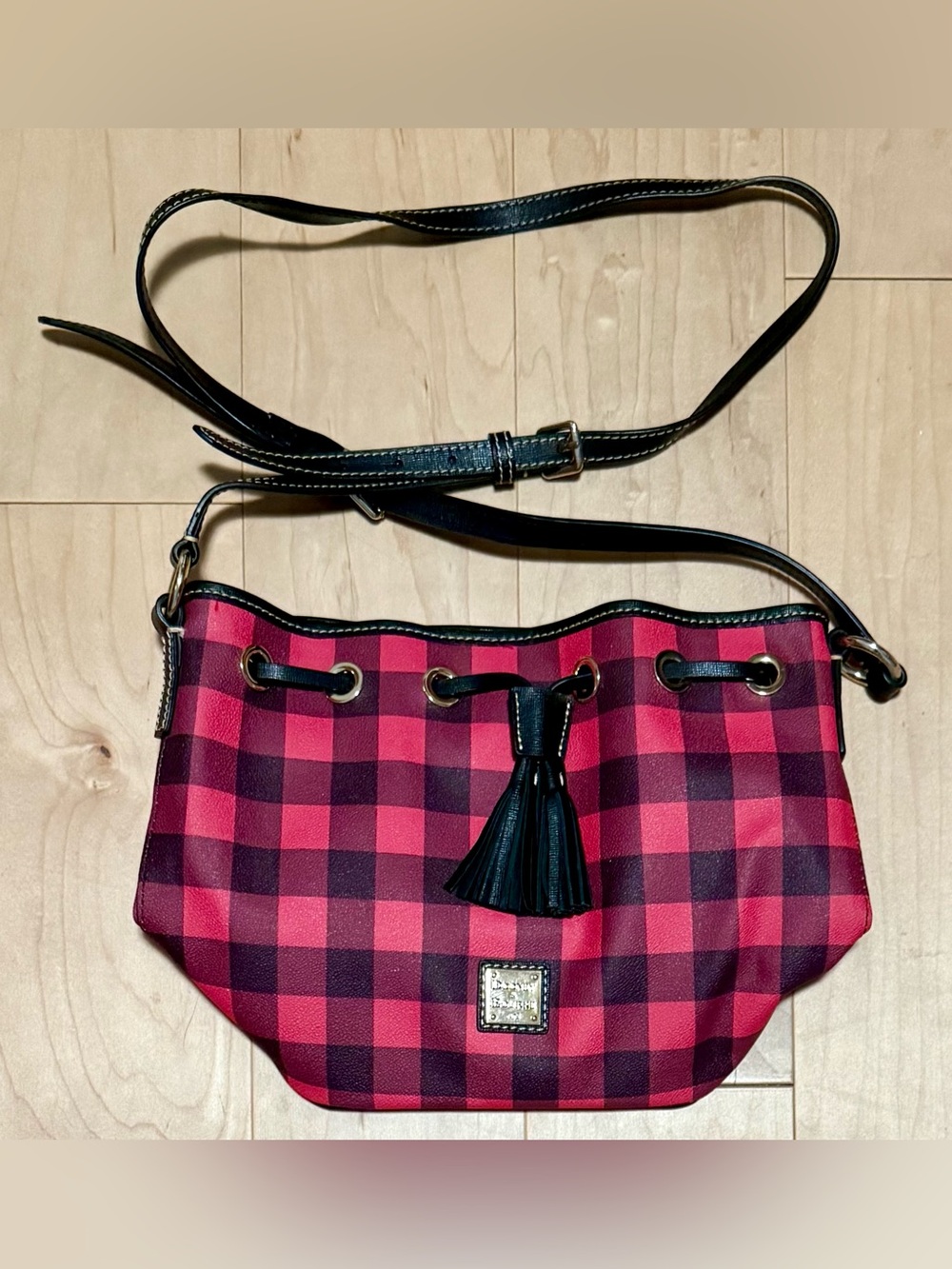 Dooney & Bourke Tucker Small Drawstring Crossbody Bag Red Black Buffalo Check